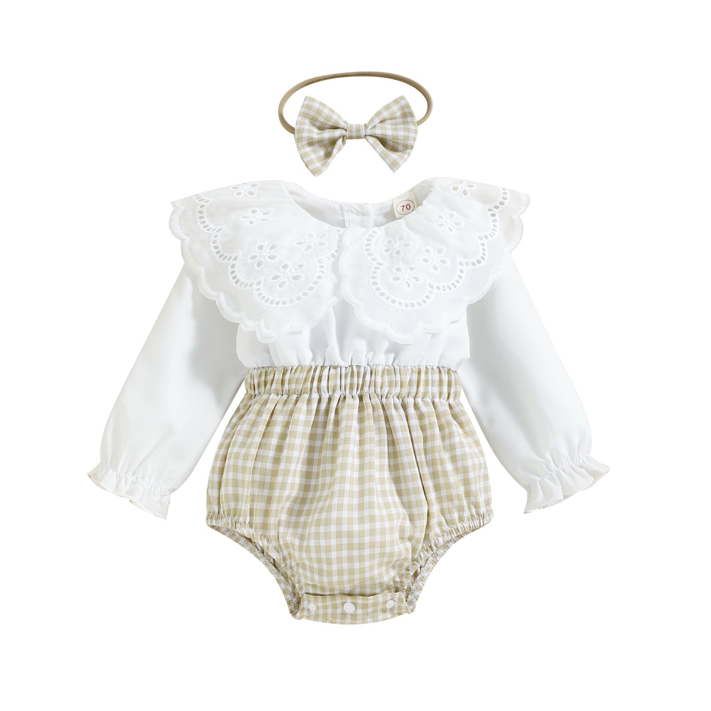 Infant Col Claudine Top Stitching Plaid Triangle Romper Suit
